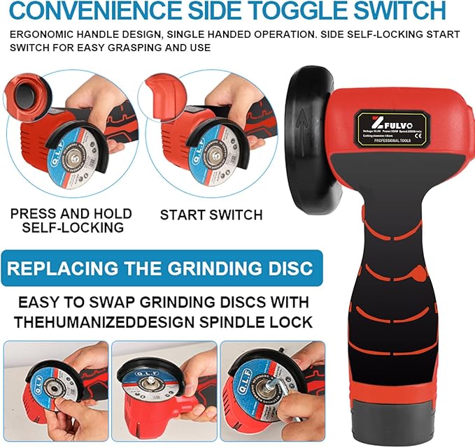 Cordless Brush Angle Grinder Kit, 19500rpm Mini Electric Angle Grinding Tool with 2pcs 16.8V 2000mAh Batteries and 5-Cutting Discs, Grinder Handheld Cutter for Metal Wood