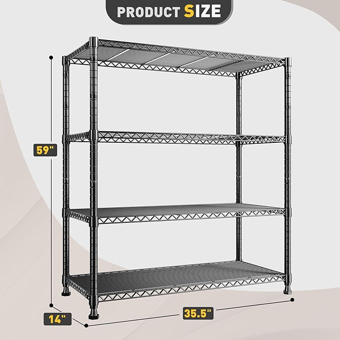 REIBII 35.5" W Wire Shelving Storage Shelves Metal Shelves Heavy Duty Shelving, Adjustable Garage Storage Wire Shelf Pantry Shelves for Kitchen Rack, Bedroom, 35.5''W x 14''D x 59''H