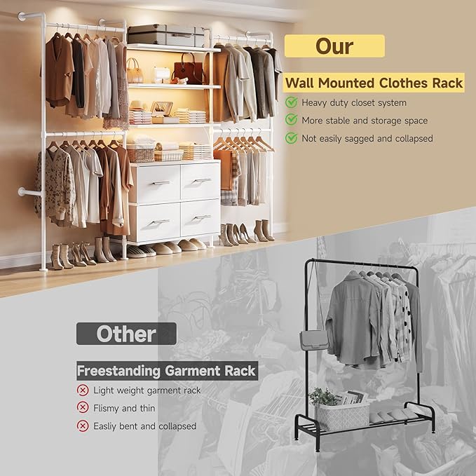 T3 Closet System with Stepless Dimmable LED Light, Industrial Pipe Clothing Rack with 4 Drawers, 6 Wooden Shelves & 4 Telescopic Rods, Heavy Duty Closet Organizers in Wardrobe Closet (White)