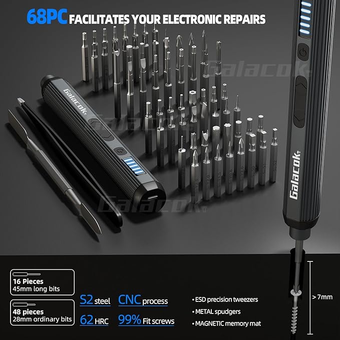Electric Precision Screwdriver Set, 68-in-1 Cordless Mini Repair Tool Kit with Magnetic S2 Steel Bits, 200 RPM Motor, LED Light, USB-C Rechargeable for Phone, Laptop, Electronics (68IN1)