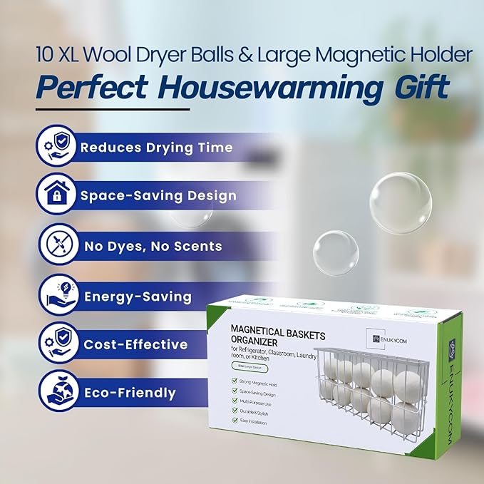 10 XL Wool Dryer Balls Laundry Reusable from New Zealand Wool & Magnetic Dryer Ball Holder - Laundry Wool Dryer Balls Storage Containers: Easy Install Without Tools, Magnetic Basket for Dryer Balls