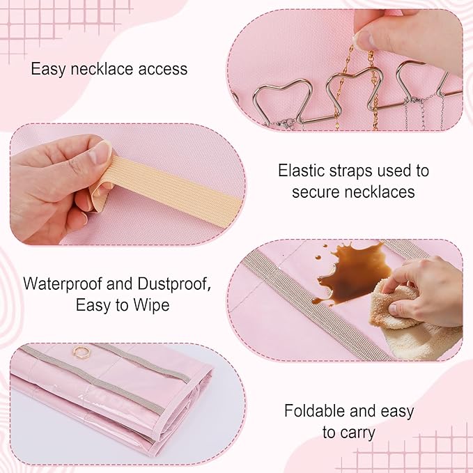 Dynoro Double-Sided Hanging Jewelry Organizer, Large Pink Storage Roll for Earrings, Necklaces, Rings, 48 Pockets 21 Hooks, Durable Oxford Fabric for Closet, Wall, Door, 1 piece, Jewelry Not Included