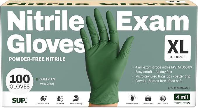 SUP Disposable Nitrile Gloves, Powder-Free Latex-Free Food Safe Cooking Home Cleaning Non-Sterile Glove, Moss Green, 100 Ct