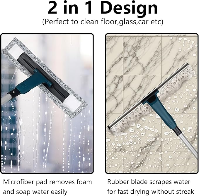 60" Professional Squeegee with Long Handle - Window, Shower & Floor Cleaner for Glass, Tile, Concrete, Mirror, Windshield, Bathroom, Car, Home & Garage