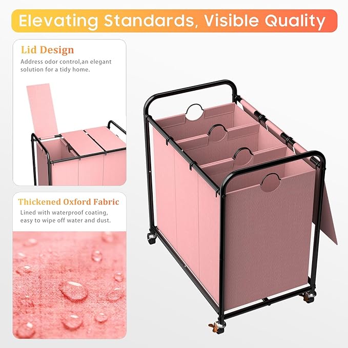 180L (47.55 Gal) Laundry Sorter 3 Section, Rolling Laundry Basket with Lockable Wheels and Lid, Laundry Hamper with 3 Separated Removable Bags Dirty Clothes Hamper for Laundry Room Organizer, Pink