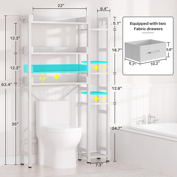 Besiost Over The Toilet Storage with 2 Drawers - 7 Tier Bathroom Organizer with Adjustable Shelf, Freestanding Space Saver Storage Rack Above Toilet Stand with 4 Hooks for Restroom, Laundry, White