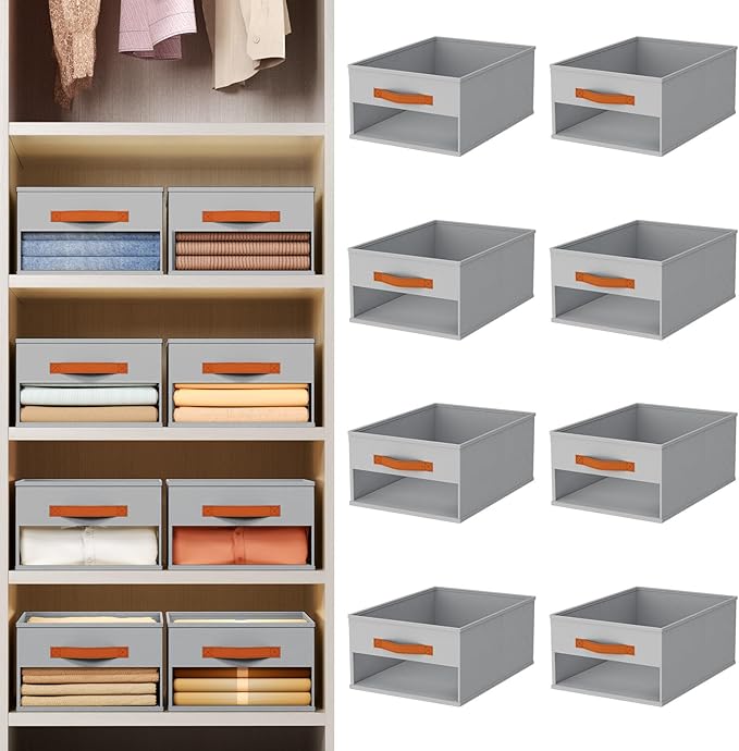 Homsorout Drawer Organizers and Storage - 8 Pack Foldable Pants Organizer with Clear Window & Handles, Fabric Closet Organizer for Clothes, Jeans, Sweaters, Towels, T-shirt, Scarf (Grey)