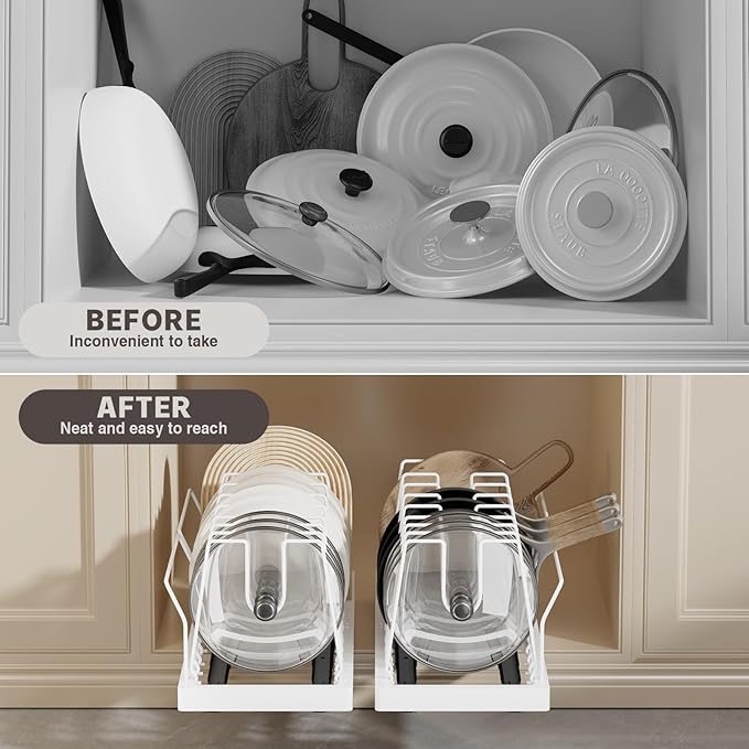 2 Pack Pots and Pans Organizer Under Cabinet, 22" Deep Expandable Pull Out Pot Lid Organizer and Storage with 10 Adjustable Dividers No Drill Pot and Pan Holder Rack with Handle Bracket(White)
