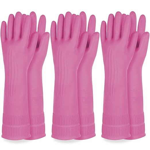 Mamison 2 Pairs Reusable Waterproof Household Dishwashing Cleaning Rubber Gloves, Non-Slip Kitchen Glove (Pink, Large (Pack of 3))