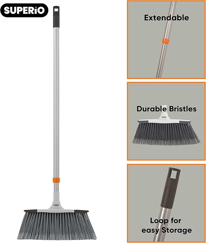 Slim Angle Broom, Heavy Duty Broom, Indoor Brom, Outdoor Angle Broom with Extendable Handle, Durable Collapsible Broom for Home, Kitchen, RV, Travel, Grey, 2 Pack, by Superio