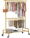 Abiglifty 2 Tier Clothes Rcks for Hanging Clothes, Heavy-Duty Clothing Rack with Wheels,150LBS Capacity, 42" W X15 D X 77" H Garment Rack with Bottom Shelf, for Bedroom, Living Room, Gold
