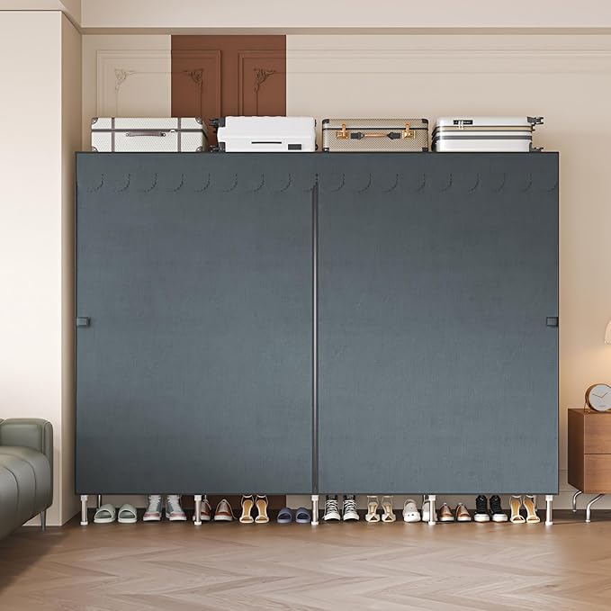 Large Portable Armoire Wardrobe Closet with 4 Hanging Rods and Lockers,Metal Storage Wardrobe Clothes Rack with Dust Cover for Clothes,16.7 in Wide,Bedroom,Gray (Grey, 77.5 in)