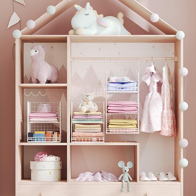 Yuyetuyo ﻿5 Tier Hanging Closet Organizer Separable Hanging Closet Shelves with 4 Hooks 2 Adjustable Dividers, Wire Storage Basket Bins for Clothing Sweaters Socks Dolls Handbags, Foldable