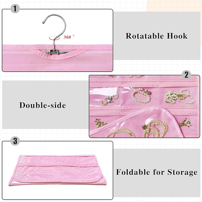 1 Pack Hanging Jewelry Organizer 80-Pocket Dual-sided Jewelry Storage for Earring Necklace Bracelet Ring Travel Holder, Pink