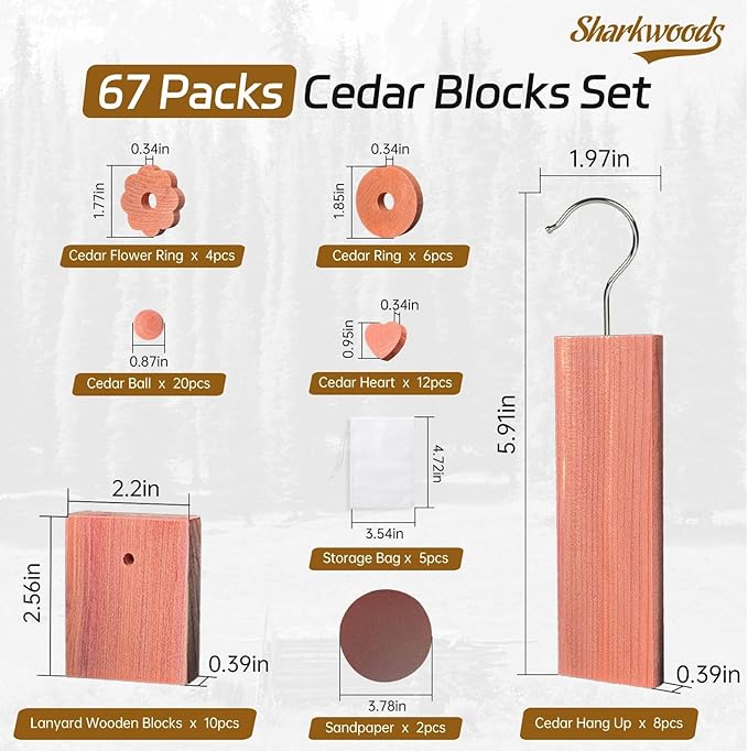 Cedar Blocks for Clothes Storage 67 Pack, Cedar Chips, Cedar Wood Balls and Rings, 100% Natural Aromatic Accessories for Closets and Drawers Freshener