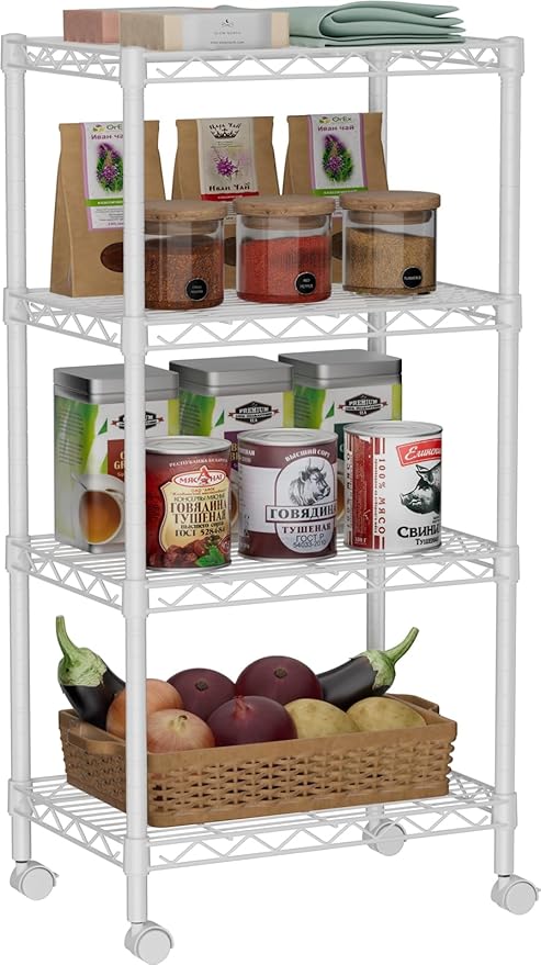 Golpart Small 4 Tier Shelves Storage Wire Shelving Unit Metal Shelf Adjustable Organizers Storage Shelving with Wheels for Bathroom Laundry Room Kitchen Pantry12”D x 18”W x 44.8”H White