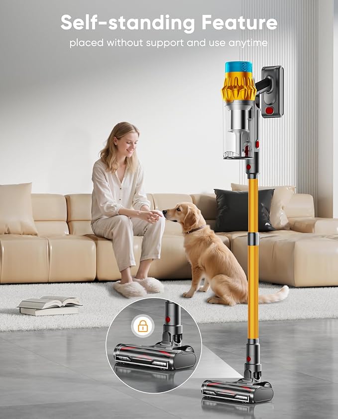 Cordless Vacuum Cleaner, 650W/55KPA, 70 Mins Runtime Self-Standing Stick Vacuum, Vacuum Cleaners for Home with Anti-Tangle Brush, Smart Display, 1.8L Cup Vacuum for Pet Hair/Carpet/Floor (Gold)