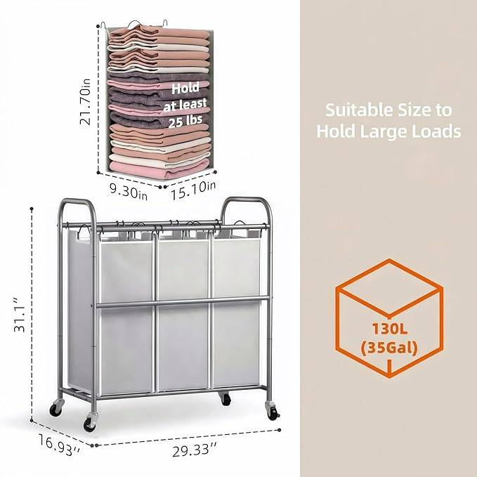 ROMOON Laundry Sorter Hamper 3 Section, Divided Laundry Basket Organizer with Heavy Duty Lockable Wheels and Removable Bags, Rolling Clothes Hamper for Apartment, Dorm & Family (130L Neutral Gray)