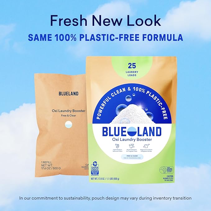 BLUELAND Oxi Laundry Booster Powder Refill 2-Pack, Fragrance Free & Clear, 50 Loads, 35.2 oz, Plastic-Free, Eco Friendly, Oxy Cleaner, Stain Remover