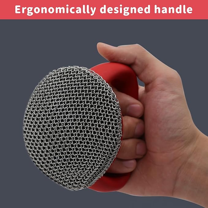 MEIXINZHI Cast Iron Cleaner, Chain Mail Scrubber & Pan Grill Scrapers - 2 in 1 Cast Iron Skillet Cleaner (red, Without mat)