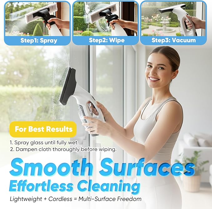 Cordless Window Vacuum Squeegee with Detachable Water Tank, 2000Pa Strong Suction, Rechargeable Glass Cleaner for Windows, Shower, Mirror & Tiles, Lightweight 2-in-1 Wiper with Microfiber Pad