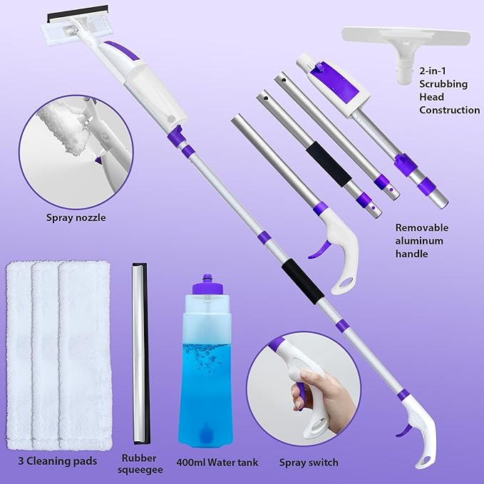 Spray Window Squeegee with 60" Extension Pole, Window Cleaning Squeegee Kit- 2-In-1 Squeegee Scrubber, 3 Microfiber Cleaning Pad&400ML Refill Bottle, Multi-Use Squeegee for Home Shower Car Windshield.