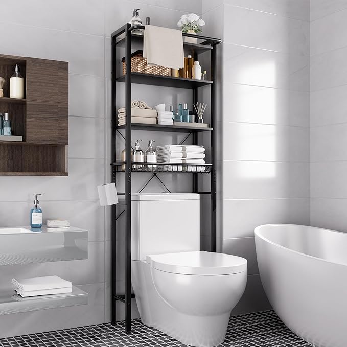 GRUSIGN Over-The-Toilet Storage Shelf, 4-Tier Bathroom Organizer Shelf, Freestanding Space Saver Shelves Over Toilet with Adjustable Shelf for Bathroom, Black