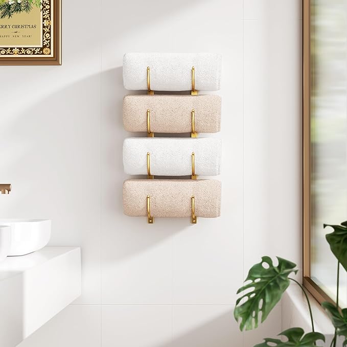 Bathroom Rolled Towel Rack: 4-Tier Wall Mounted Towel Storage Holder, Hanging Organizer for Towels, Blankets, Large Bath Sheets, Space Saving in RV, Closet, Toilet, Cabinet, Gold