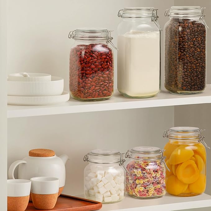 ComSaf 3-Pack Square Glass Coffee Canisters for 1lb Bean Bags, 34oz Airtight Jars with Clamp Lids for Tea, Sugar & Flour, Space-Saving Pantry Organization for Small Apartments & Coffee Station