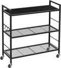 3-Tier Metal Storage Rack with Industrial Wheels,Mesh Shelving Unit with Wooden Table top,Adjustable Shelf,31.5-Inch Width, for Kitchen, Laundry,Pantry,Plant,Black panel and black frame