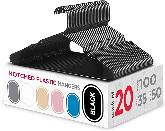 Sharpty Plastic Hangers Clothes Hangers for Clothing, Closet, Coats & Shirts - Notched, Durable, Thick, Tough & Space Saving - for Everyday Standard Use, Room Essentials & Basics - 20 Pack - Black