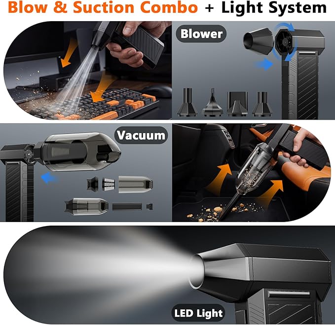 Preciva 2-in-1 Compressed Air Duster, 180,000 RPM High-Speed Turbo Electric Duster & Vacuum with 3-Second Deep Cleaning, Rechargeable Battery, 6 Attachments and LED Light for Keyboard, PC, Car, Home