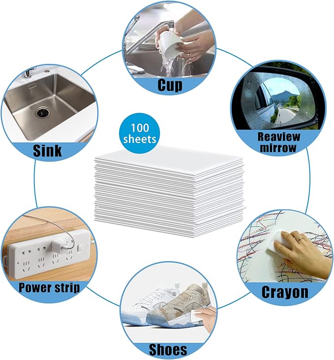 100PCS Eraser Sheets, Magic Cleaning Sponge Reusable, Thin Nano Dish Sponge Cleaner Pads Eraser Wipes for Kitchen Shoe Furniture Bathroom Shower Sink Hard-to-Reach Places