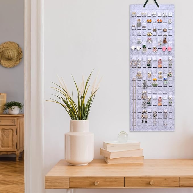 Lolalet Hanging Earring Holder Organizer with 20 Hooks for Women, Earring Organizer Wall Earrings Hanger Pierced Earring Storage, Felt Stud Earring Display, 608 Holes for Earrings- Grey, 1 Pack