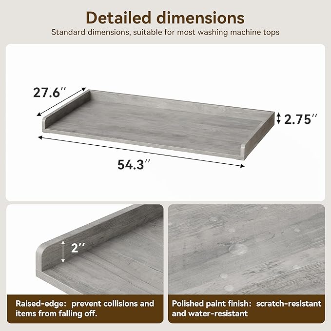 Washer Dryer Countertop, 54.3" x 27.6" Wooden Laundry Countertop with Edge Rails, Washer and Dryer Topper for Laundry Room Organization and Storage