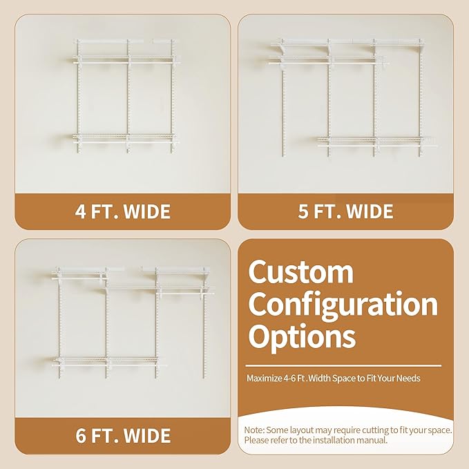 PROWORX 4-6 Ft Closet Organizer System, Adjustable Metal Wire White Closet System, Expandable Walk in Closet Organizers and Storage System, Closet Shelves with Hanging Rods