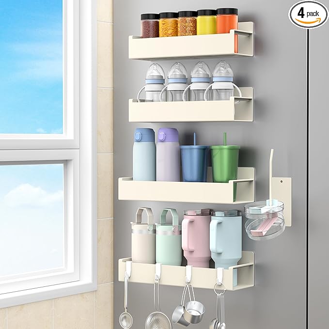 Magnetic Water Bottle Holder for Refrigerator, Cup Holder Organizer for Stanley and Tumbler for Kitchen, 4 Pack, Cream White