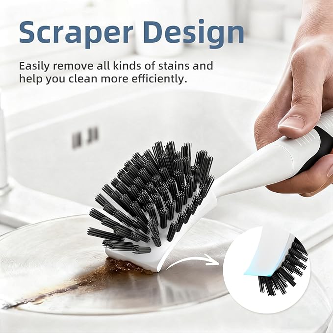 Dish Scrub Brush, 2 Pack Stiff Bristles Cleaning Scrubber Brushes with Non Slip Handle Built-in Scraper, Kitchen Dish Brushes for Cleaning Pans, Pots, Stoves, Sink
