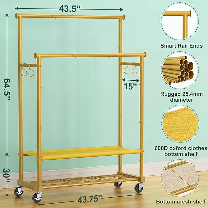 Double Rods Clothes Rack for Hanging Clothes, Heavy Duty Rolling Clothing Rack with Wheels, Freestanding Garment Racks with Oxford Bottom Shelf and Mesh Bottom Shelf for Bedroom Laundry (Gold)