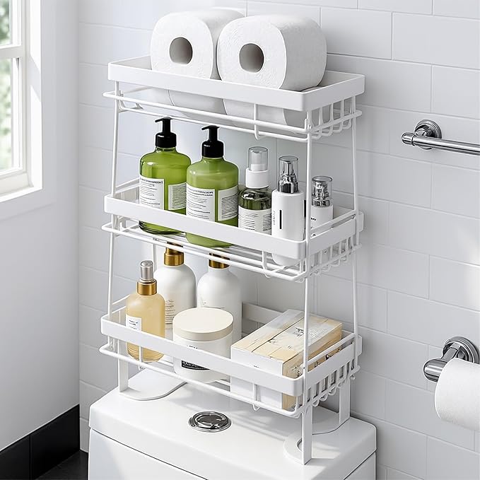 PowerKing Over The Toilet Storage Shelf, 3 Tier Bathroom Organizer Rack, No-Drill, Rust-Resistant Steel, Toilet Paper Holder for Restroom Bathroom, White