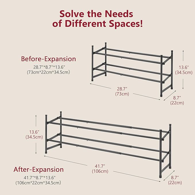 Tajsoon Expandable Shoe Rack for Closet 2 Tier, 28“-41“ Adjustable & Stackable Shoe Shelf Storage, Metal Shoe Rack Organizer for Front Door Entrance, Closet, Garage, Entryway, Black