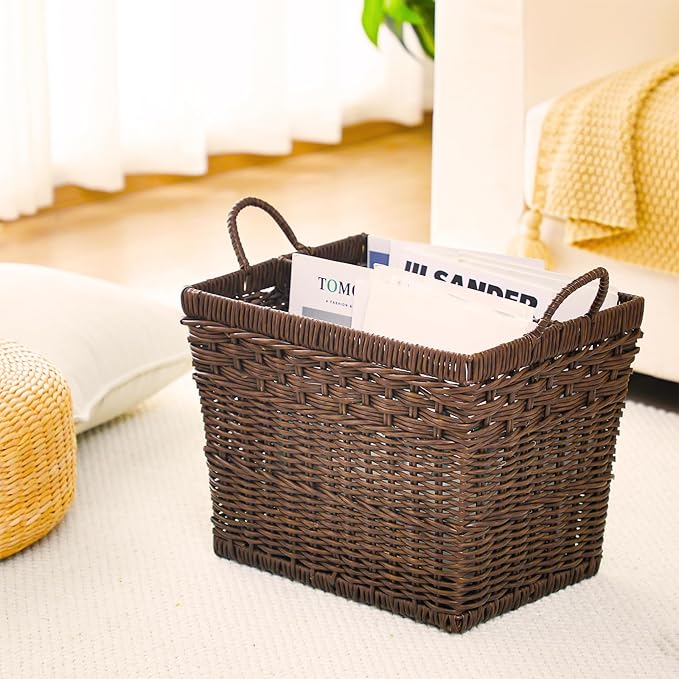 Hand Woven Magazine Holder Rectangular Wicker Divided Magazine Basket with Handle Newspaper Book Storage Basket Organizer for Office Living Room Home Office, 15.5 x 12 x 12.5 Inch