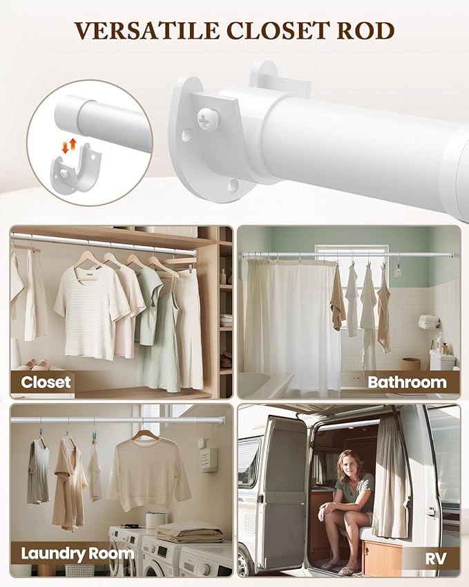 Closet Rod 17-28 IN, Heavy Duty Closet Rods for Hanging Clothes, Adjustable Closet Rods for Wardrobes Storage Laundry RV Bathroom, Easy Install, White