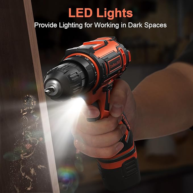 Cordless Drill Set,12V Power Drill Driver 3/8" Keyless Chuck with 92 Acessories, Built-in LED Light, 25+1 Position, Electric Drill for Home DIY Projects (Orange)