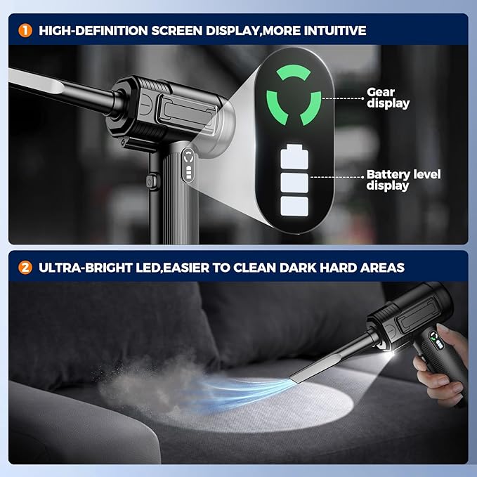 Compressed Air Duster: 130000RPM Electric Air Duster with LED Light Mini Air Blower Rechargeable Cordless Keyboard Cleaning Jet Dry Blower - Car, PC and Home Cleaning Kit Replaces Compressed Air Can