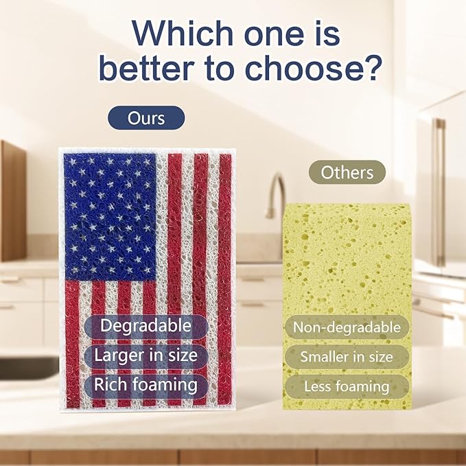 4Pcs USA Flag Heavy Duty Kitchen Dish Sponges | Large Odor Free Non-Scratch Scrub Pad | Household Cleaning Scrubber for Sink, Counters, Surfaces, Pots, Pans, Dishwashing (6" x 4" x 1"), Style 2