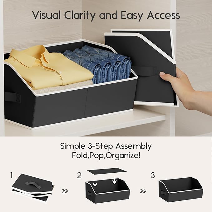 Large Closet Organizers and Storage Bins - 8 Pack Trapezoid Storage Baskets for Shelves, Foldable Fabric Baskets with Handles Ideal for Closet, Basket, Wardrobe and Shelf Storage, Black