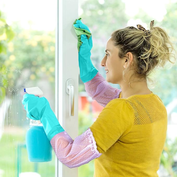 Elgood Reusable Long Sleeve Dishwashing Cleaning Gloves with Latex Free,Cotton Lining,Kitchen Gloves 2 Pairs,Purple+Blue M