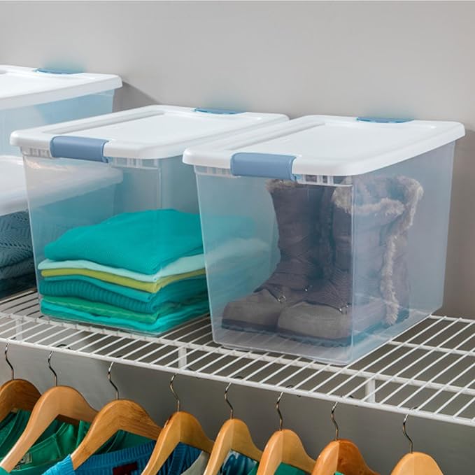 Sterilite 18-Pack Latching Box, Under Bed Storage Bins with Lids, Clear Plastic, 25 Quart - Heavy-Duty Organizing Containers for Closet, Bathroom, and Office