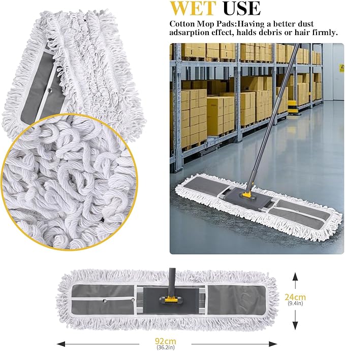 Masthome 36" Commercial Mop, Heavy Duty Industrial Floor Mop with 3 Microfiber Pads, 60" Adjustable Large Dust Mop,Wet Dry Flat Mops for Office Garage Warehouse Factory Mall